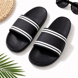 American Eagle Black Slide Sandals | Double White Stripe | Size 8 | NWOT
